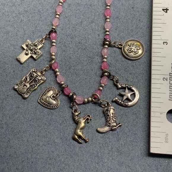 Western Bracelet Choker Necklace 14 In As Is Pink 7 Charms Cross Horse Boot BoHo - Picture 6 of 7